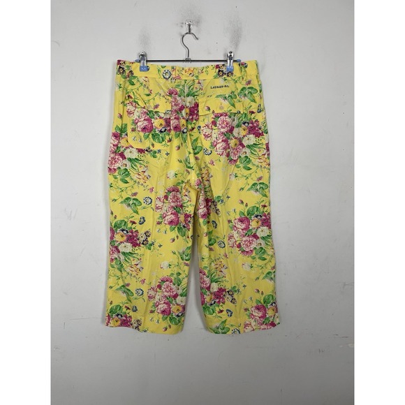 LRL Ralph Lauren Women Pants 14 Yellow Floral Spring Preppy Wide Leg Cropped - Picture 3 of 8